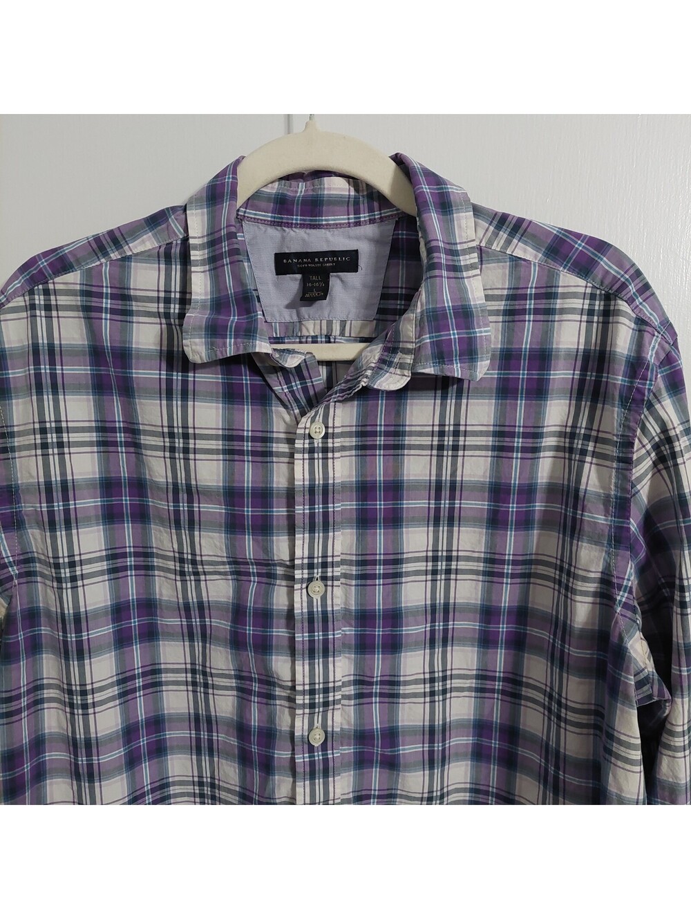 Banana Republic Tall Large Purple Plaid Soft-Wash Cotton Shirt